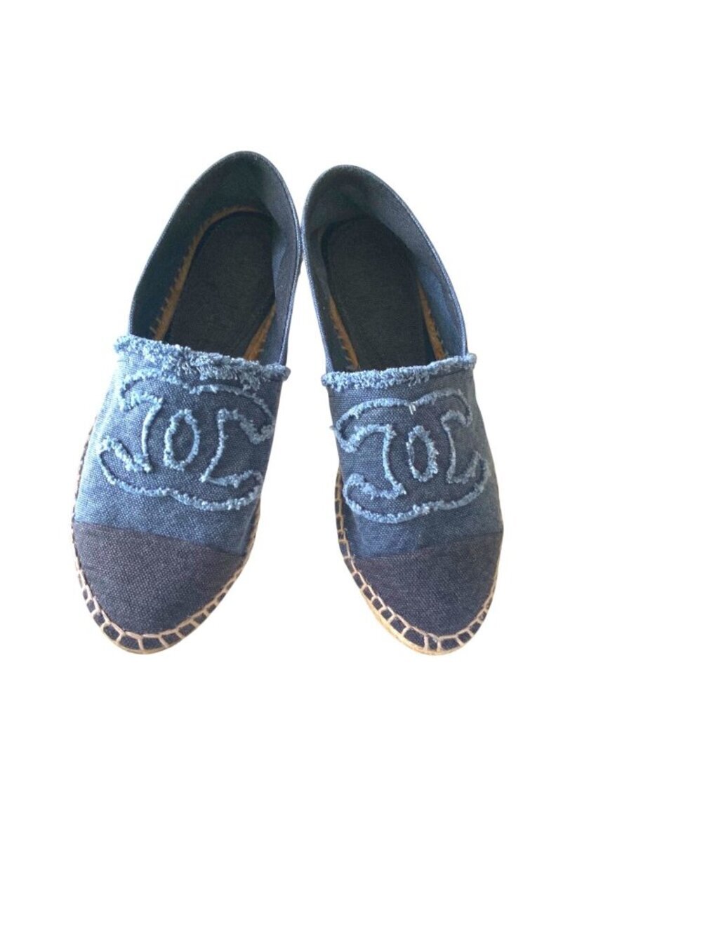 Chanel Blue Denim Espadrilles Shoes Size 36 Textured CC Logo Slip-On Casual Flat - Picture 2 of 9